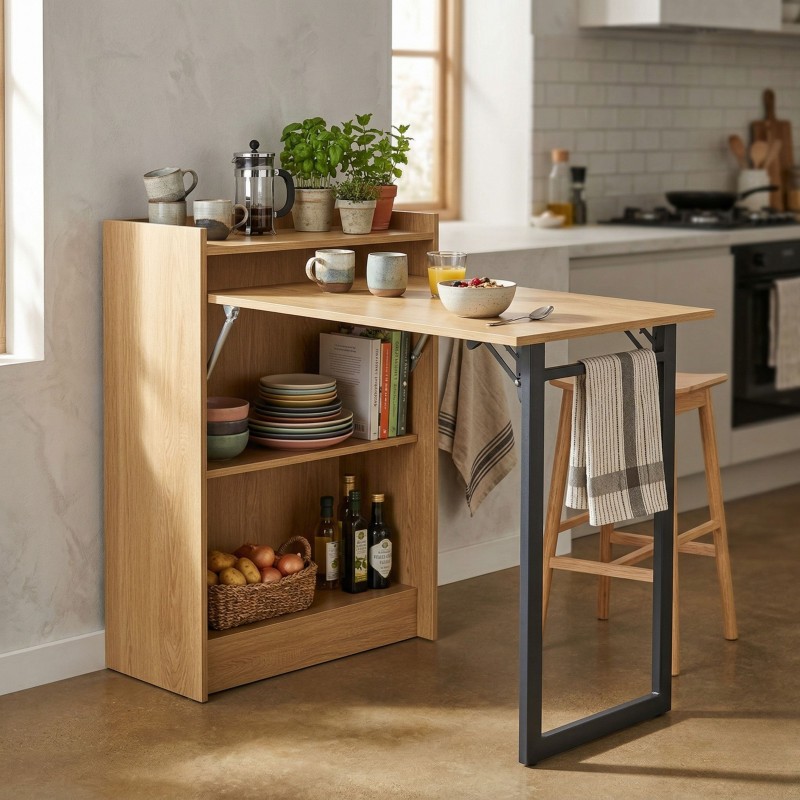 Mesa Escritorio Plegable Con Estantería Kiri Roble Cambrian y Negro 102 cm