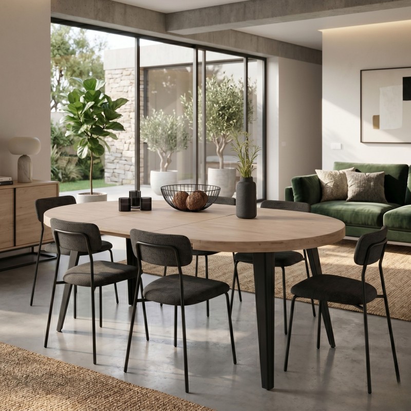 Mesa Comedor Redonda Extensible Berg Madera Color Roble Nordish y Negro 100-180x100 cm