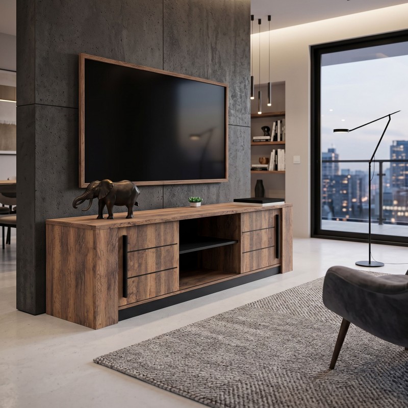 Mueble Tv Salón Mónaco Puertas Correderas Roble Saloon y Negro Estructurado 185 cm