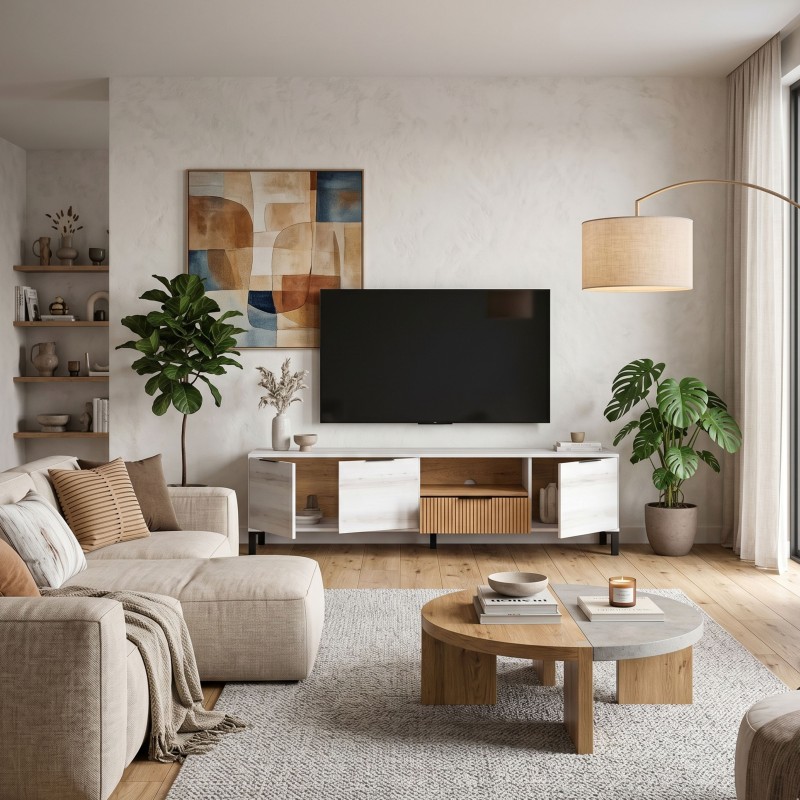 Mesa de Tv Tokio 178 cm Salón Comedor Blanco Albo y Roble Rayado