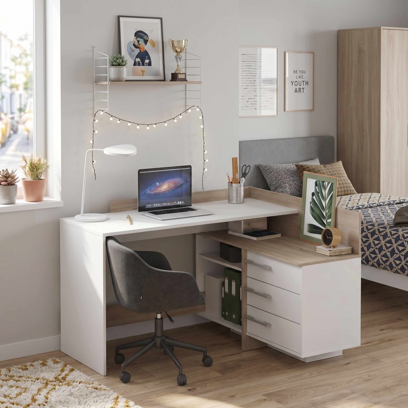 Escritorio con cajonera 129 cm roble cepillado y blanco mate