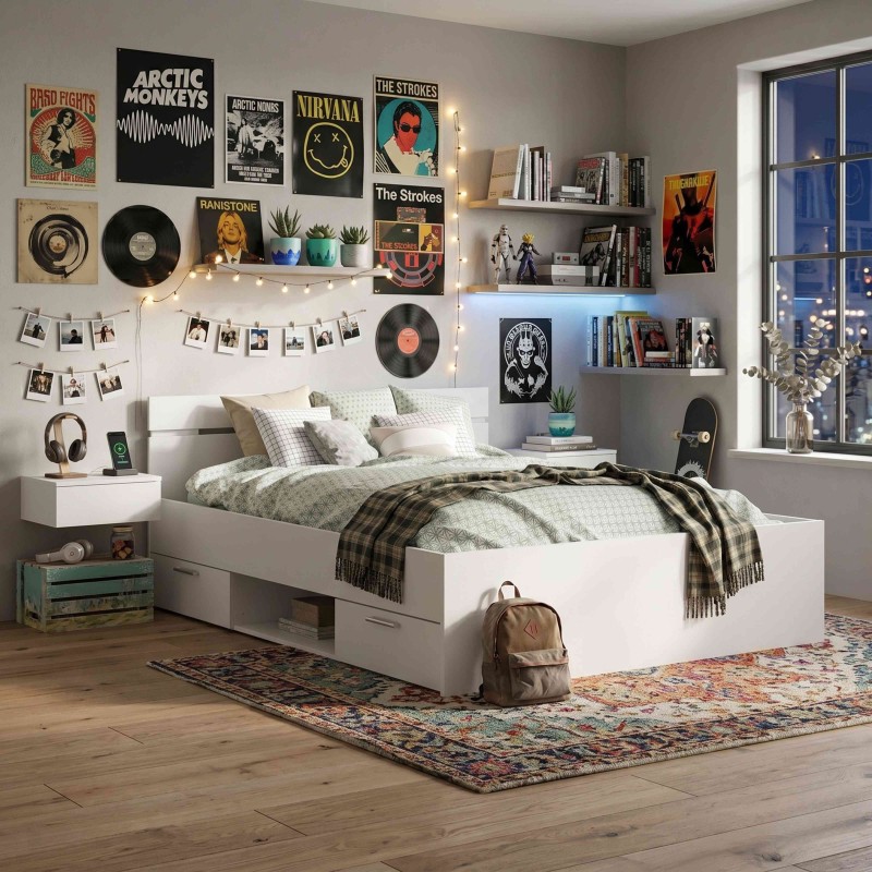 Cama Doble Michigan Color Blanco Con Cajones 135 O 140 cm