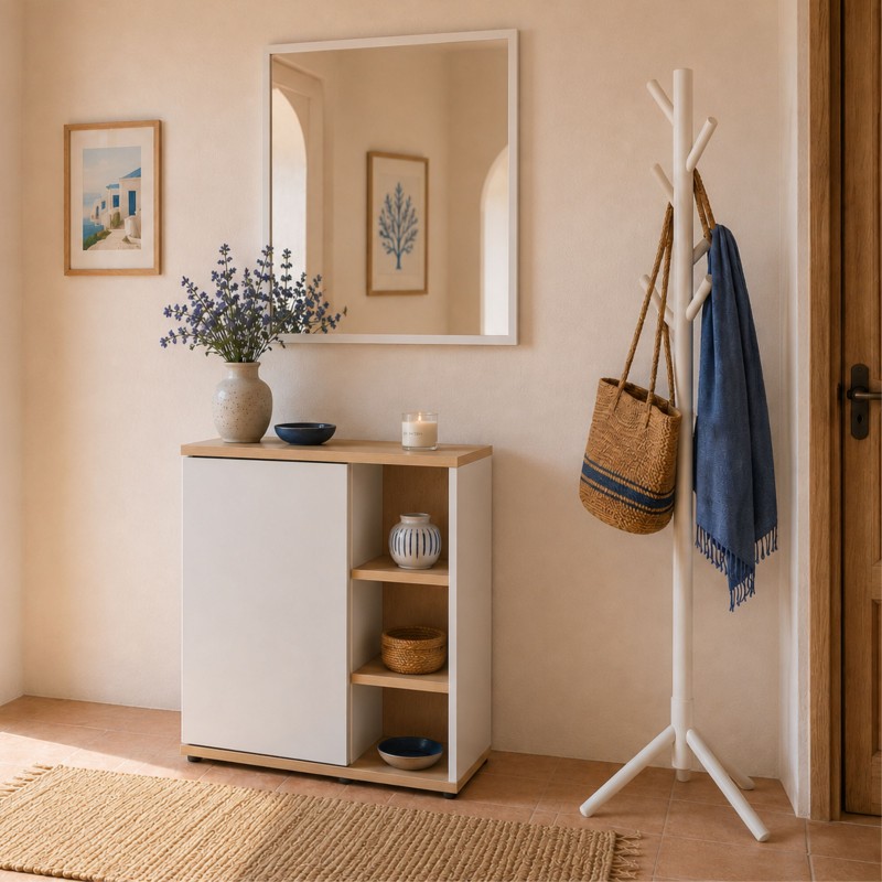 Mueble de Entrada Recibidor Adhara con Espejo Blanco Artik y Roble Canadian 77 cm