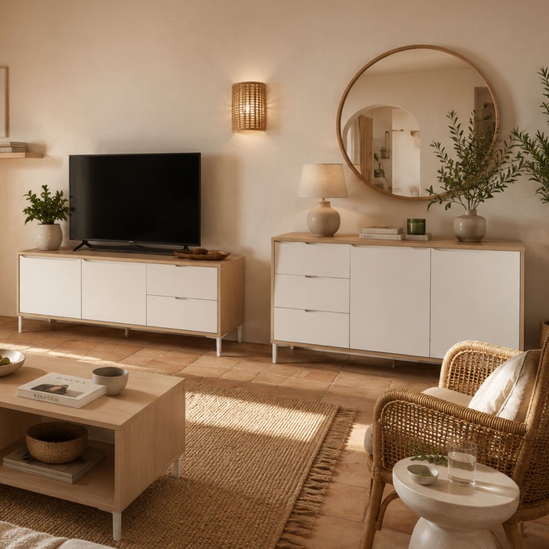 Mueble TV Brooklyn 130 cm color roble Canadian y Blanco Artik