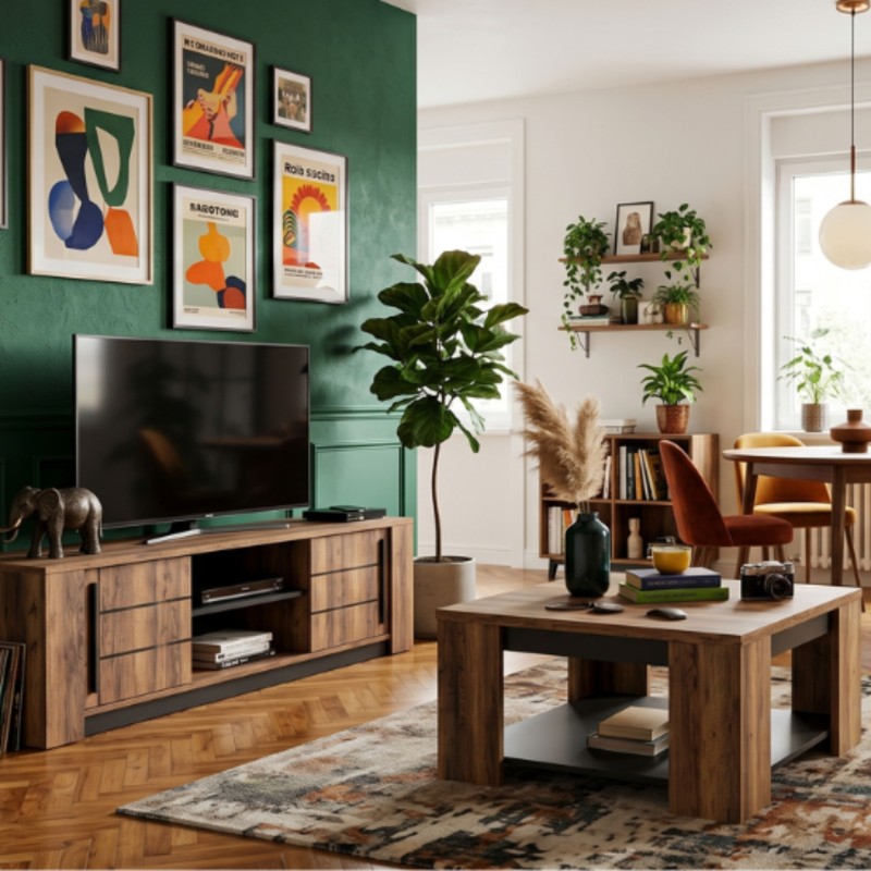 Mesa De Centro Mónaco Roble Saloon Y Negro Estructurado 42x80 cm