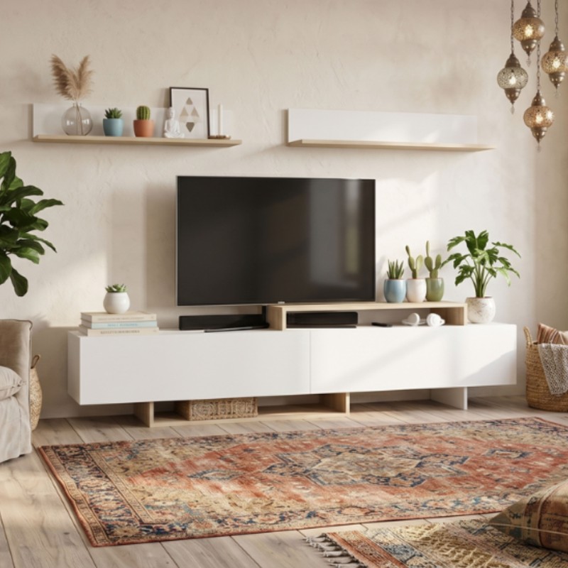 Mueble de Salón Opole 2 Puertas Color Blanco Mate y Roble Claro 180 cm