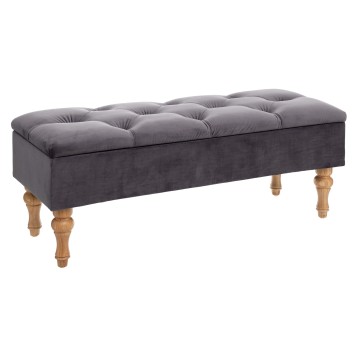 Banco tapizado gris oscuro con asiento acolchado y patas de madera natural