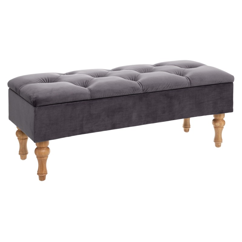 Banco tapizado gris oscuro con asiento acolchado y patas de madera natural