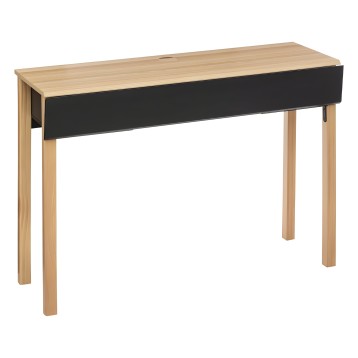 Escritorio con tablero de madera clara y frente negro con gaveta deslizable y patas de madera natural