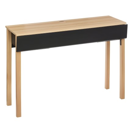 Escritorio con tablero de madera clara y frente negro con gaveta deslizable y patas de madera natural