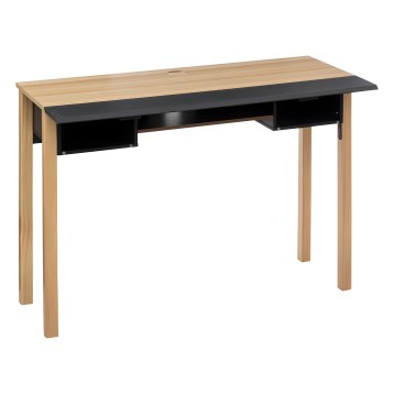 Escritorio con tablero de madera natural y frente negro con dos cajones y patas de madera maciza