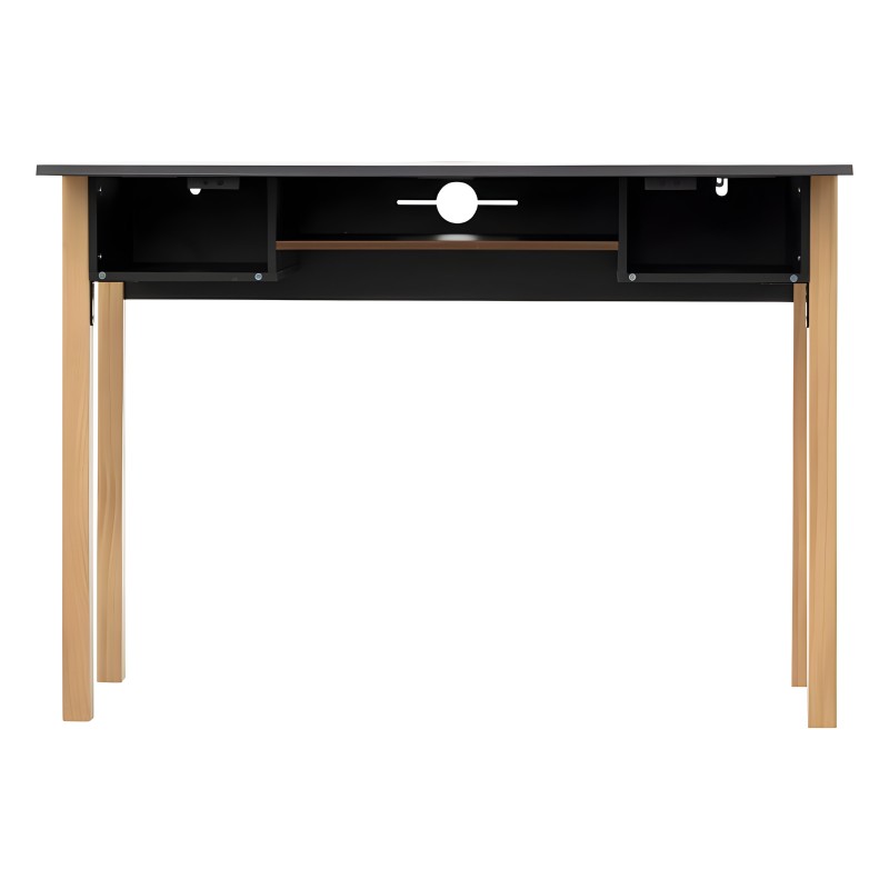 Escritorio con tablero negro y patas de madera natural con compartimentos y tirador circular blanco