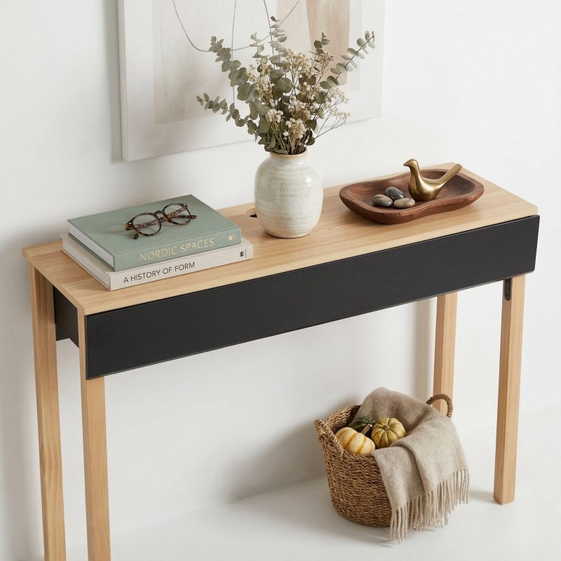 Consola nórdica madera natural y frente negro con tablero superior y estantería inferior