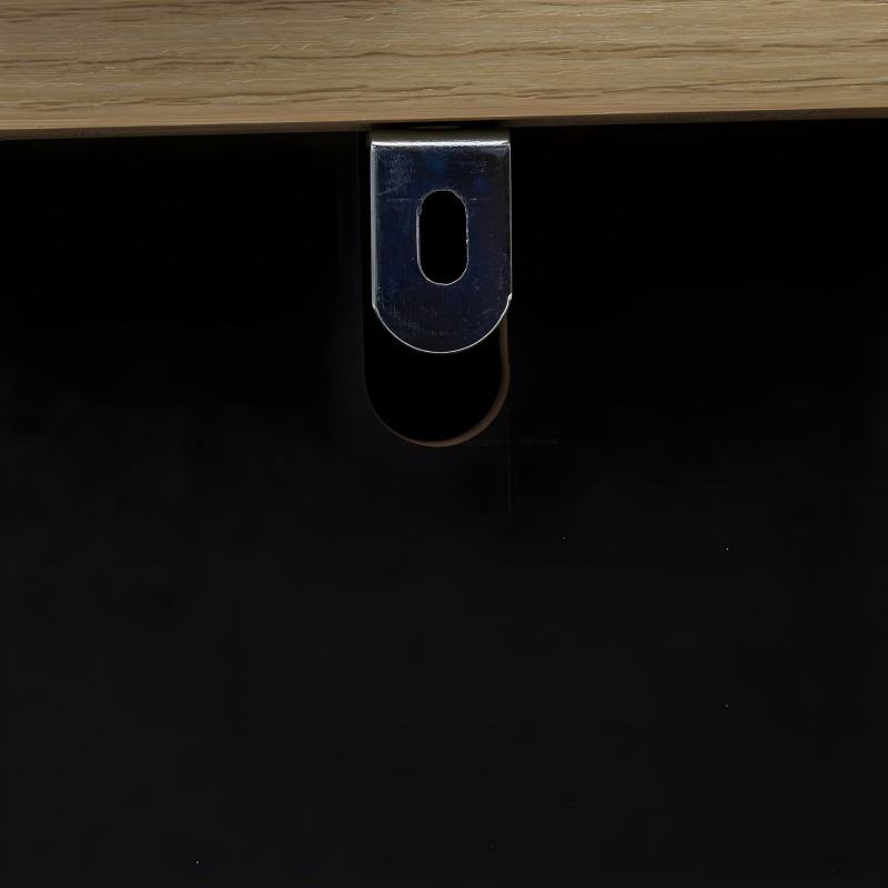 Tirador de mueble en metal con acabado azul oscuro y detalle ovalado cromado en vista frontal