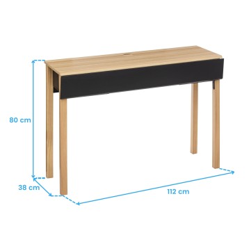 Escritorio de madera natural con cajón negro frontal y patas de madera maciza