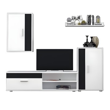 Mueble de salón modular blanco y negro con armarios y estantes para TV y decoración ambiente completo
