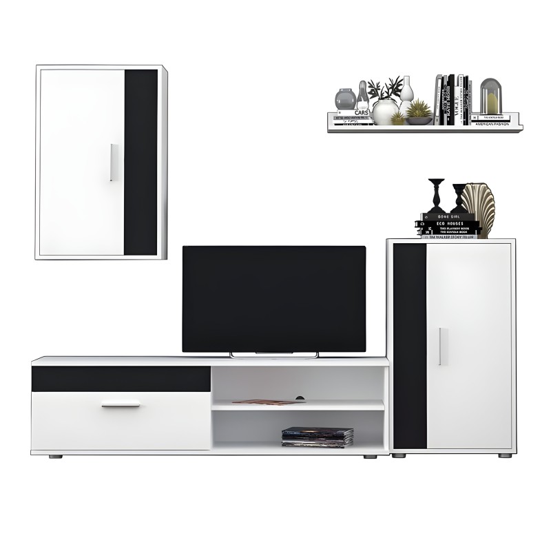 Mueble de salón modular blanco y negro con armarios y estantes para TV y decoración ambiente completo
