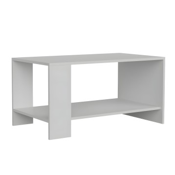 Mesa de centro rectangular blanca con estante inferior y estructura lateral abierta
