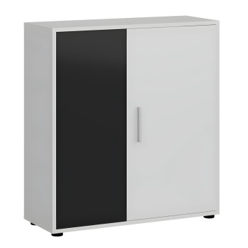 Armario bajo blanco y negro con puertas abatibles y tirador metálico