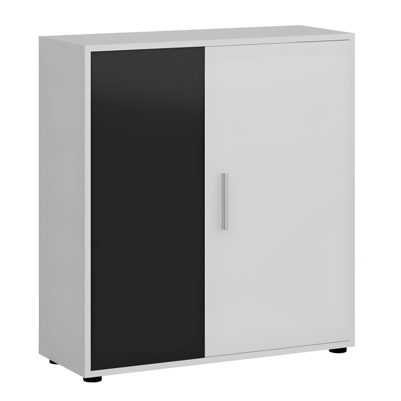 Armario bajo blanco y negro con puertas abatibles y tirador metálico