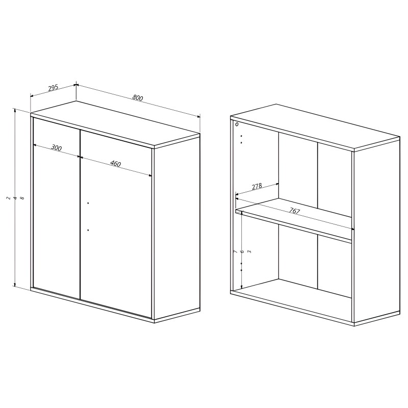 Armario rectangular con puertas correderas y estante interior ajustable visto en plano técnico frontal y lateral