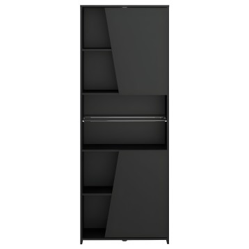 Estantería vertical negra con puertas de vidrio templado y cajón central metálico