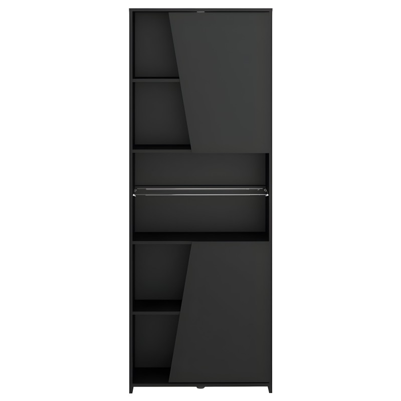 Estantería vertical negra con puertas de vidrio templado y cajón central metálico