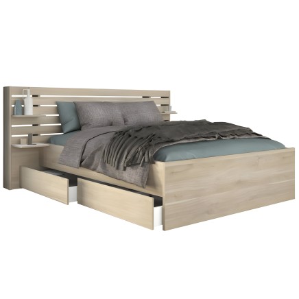 Cama de madera clara con cabecero con estantes y cajones de almacenamiento integrados