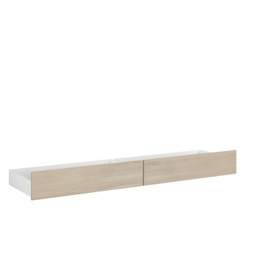 Cajón bajo cama blanco y roble con dos compartimentos y frentes de madera clara
