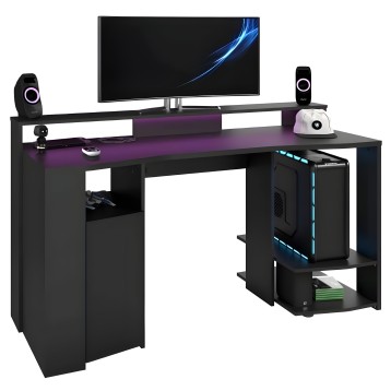 Escritorio gaming negro con tablero púrpura y monitor aéreo incluye estantes y compartimentos laterales