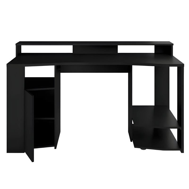 Escritorio negro con almacenamiento lateral y estantería integrada vista frontal