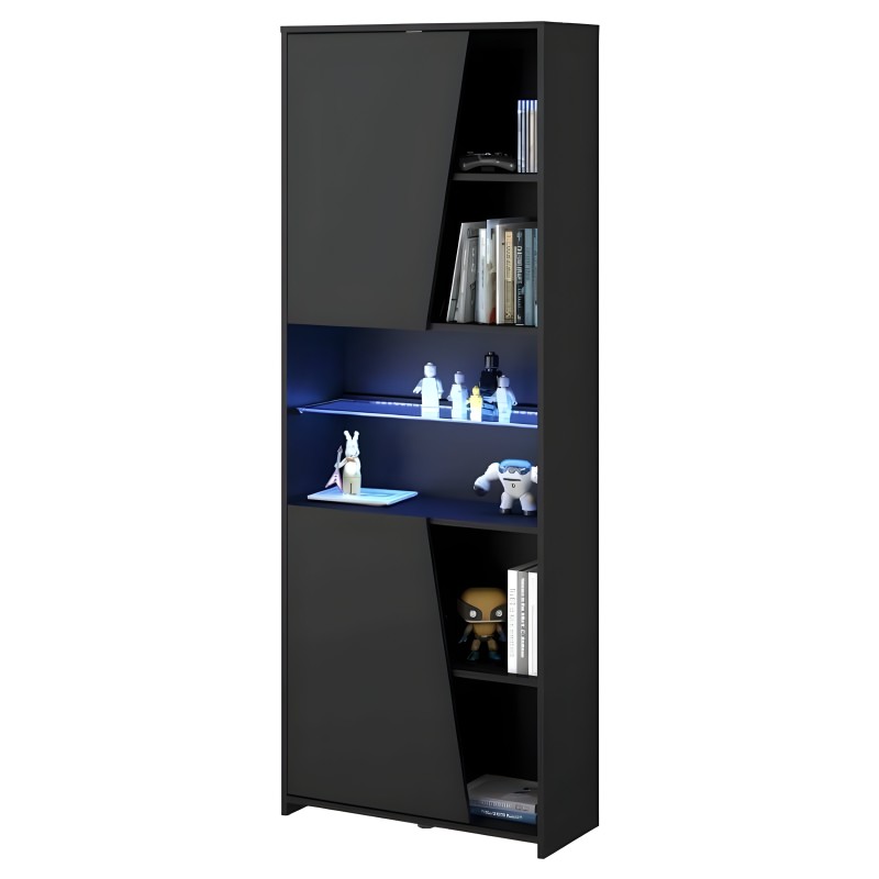 Vitrina negra con puerta corredera y estantes con iluminación LED azul para libros y decoración