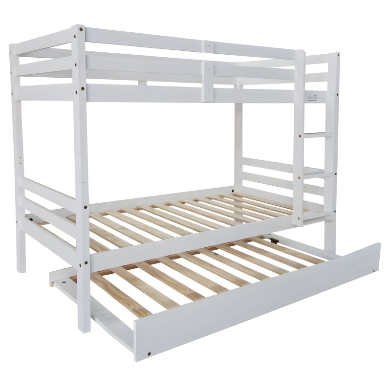 Cama litera blanca con estructura de madera y escalera lateral con cama nido inferior de listones de madera natural