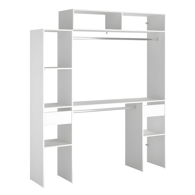 Armario modular blanco y gris con estantes abiertos y barras de colgar integradas