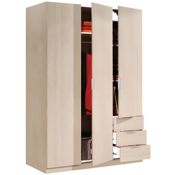 Armario de madera clara con puertas abatibles y cajones laterales mostrando interior con ropa y textiles