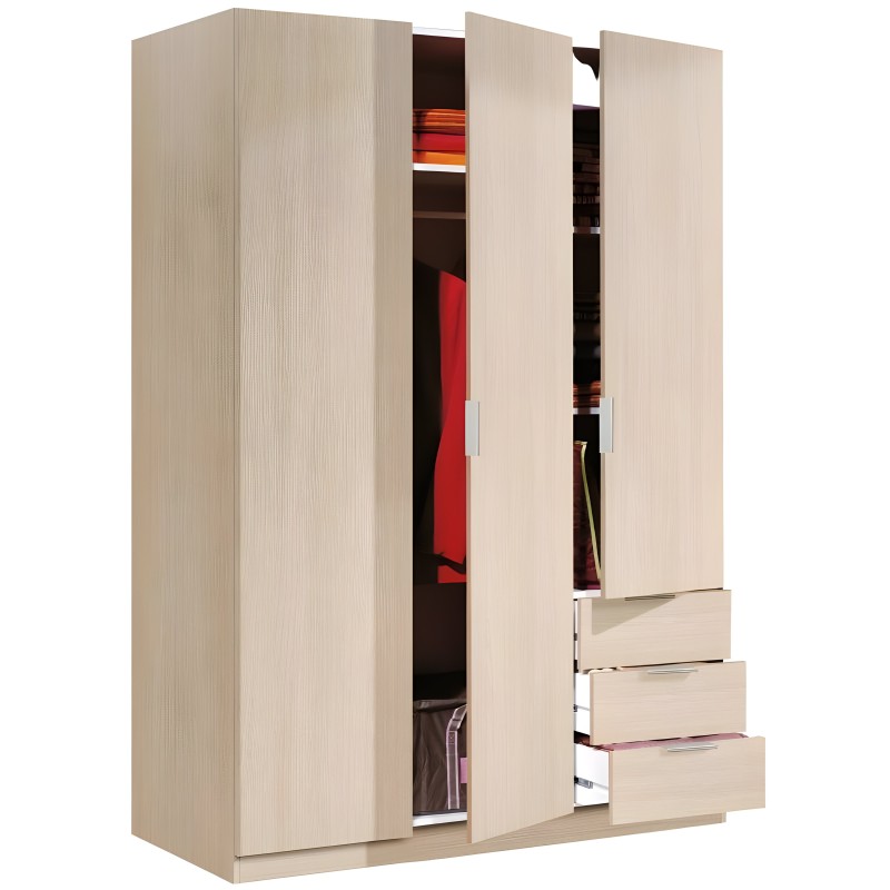 Armario de madera clara con puertas abatibles y cajones laterales mostrando interior con ropa y textiles