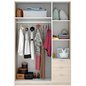 Armario modular con puertas abiertas y interior organizado con estantes y barra colgante para ropa y accesorios