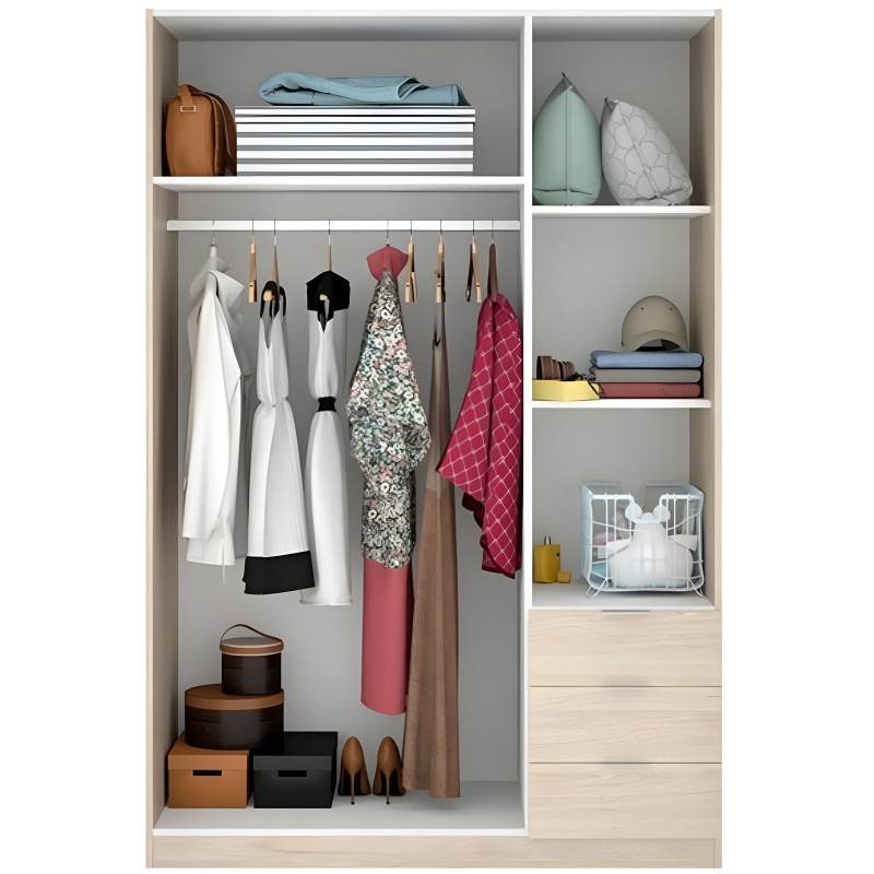 Armario modular con puertas abiertas y interior organizado con estantes y barra colgante para ropa y accesorios