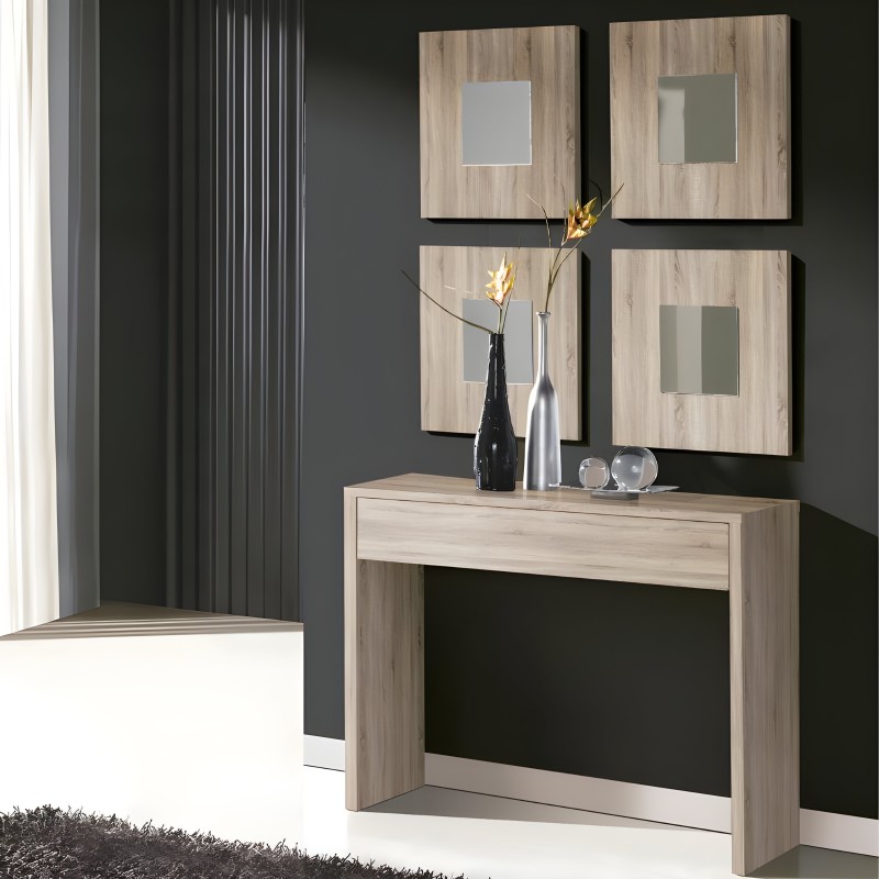 Consola de madera clara con cajón y espejos decorativos de madera en ambiente de entrada moderna
