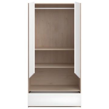 Armario abierto con estructura blanca y interior en madera taupe con estantes y base inferior vista frontal