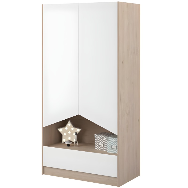 Armario infantil de madera clara con puertas blancas y estante central en tonos beige y blanco