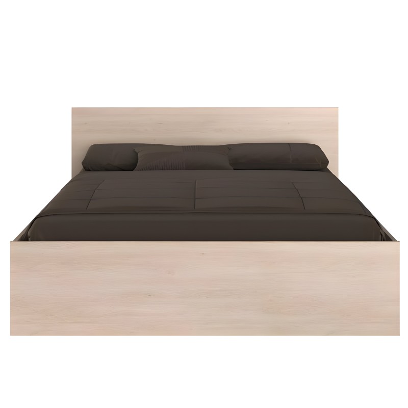 Cama de madera clara con cabecero y colchón gris oscuro y almohadas a juego vista frontal