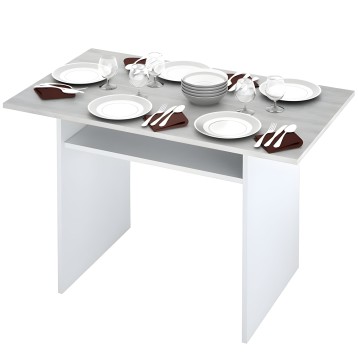 Mesa de comedor rectangular blanca y gris con cubierta gris y servicio de mesa decorativo