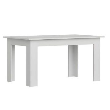 Mesa de comedor rectangular blanca con estructura de patas macizas y hueco central en el frente