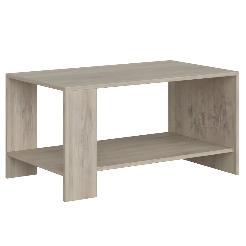 Mesa de centro de madera clara con estante inferior y estructura de patas macizas