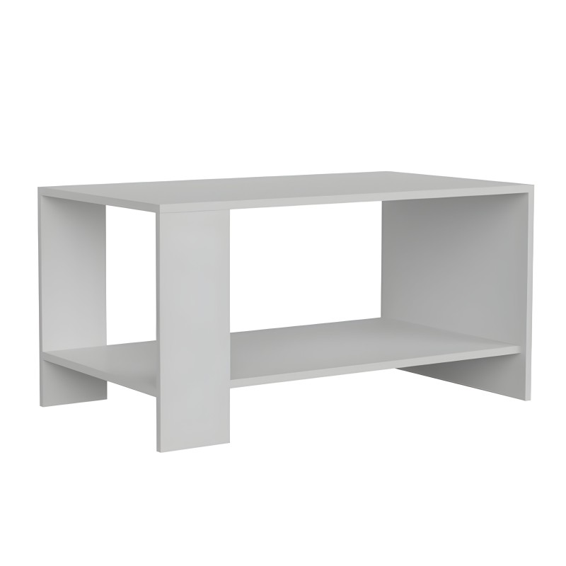 Mesa de centro blanca con estructura geométrica y compartimientos abiertos en los laterales y estante inferior