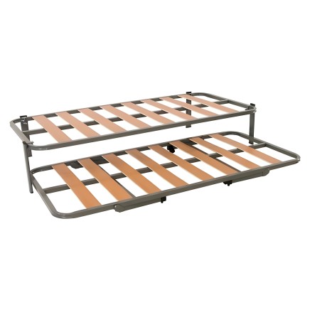 Cama nido con estructura de metal gris y láminas de madera natural apilable con dos niveles