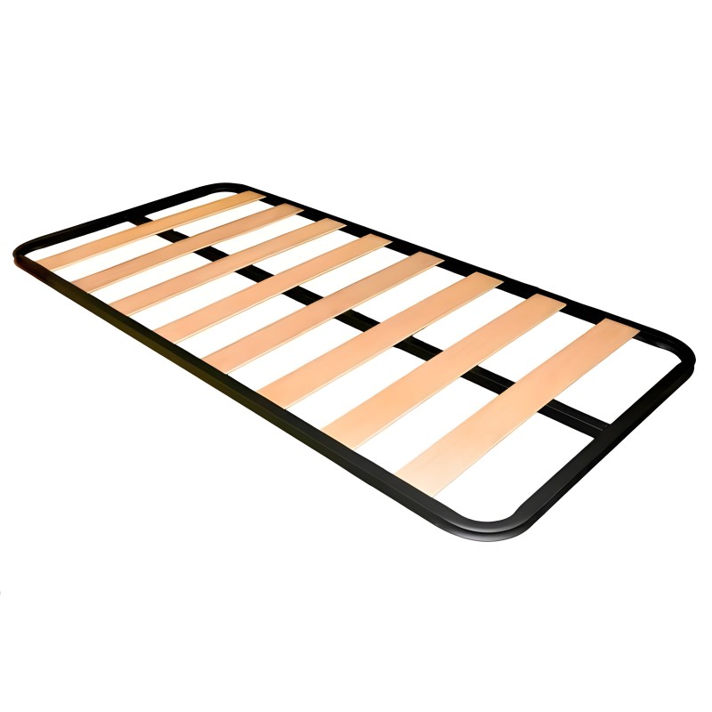 Somier de cama con estructura negra y láminas de madera natural vista en perspectiva