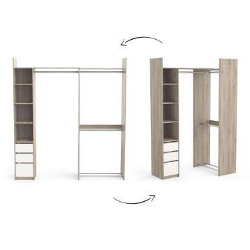 Armario modular giratorio en madera clara con estantes abiertos y cajones blancos vista frontal y lateral