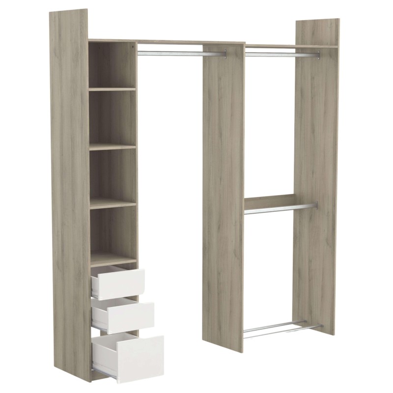 Armario abierto de madera clara con estantes y barras para colgar ropa y cajones blancos inferiores